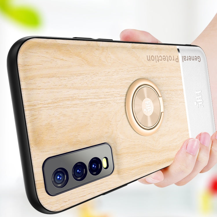 For vivo Y70s Wood Grain PC + TPU Shockproof Protective Case with Ring Holder