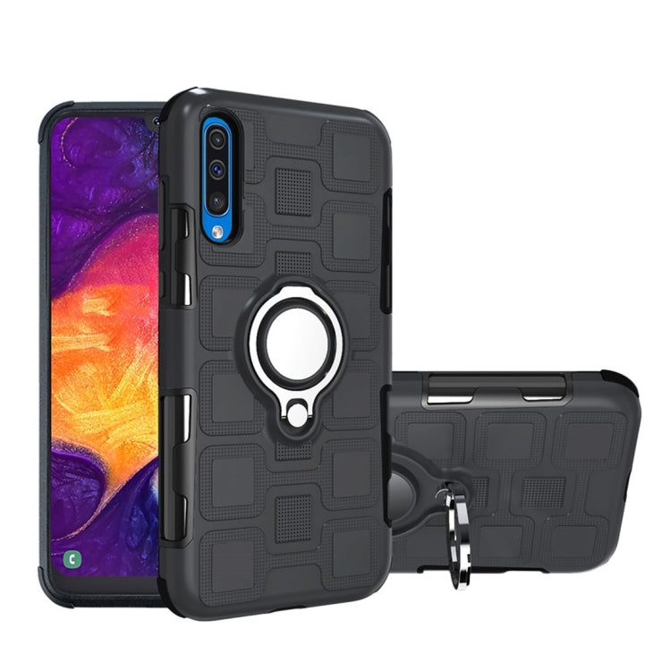 For Galaxy A50 2 In 1 Cube PC + TPU Protective Case with 360 Degrees Rotate Silver Ring Holder