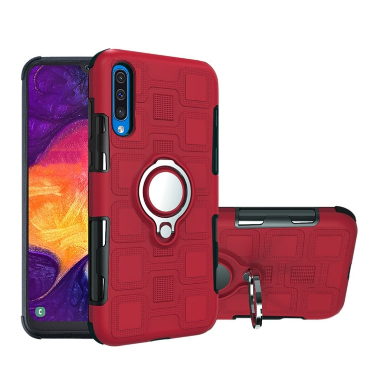 For Galaxy A50 2 In 1 Cube PC + TPU Protective Case with 360 Degrees Rotate Silver Ring Holder