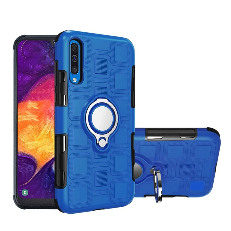 For Galaxy A50 2 In 1 Cube PC + TPU Protective Case with 360 Degrees Rotate Silver Ring Holder