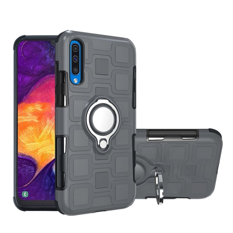 For Galaxy A50 2 In 1 Cube PC + TPU Protective Case with 360 Degrees Rotate Silver Ring Holder