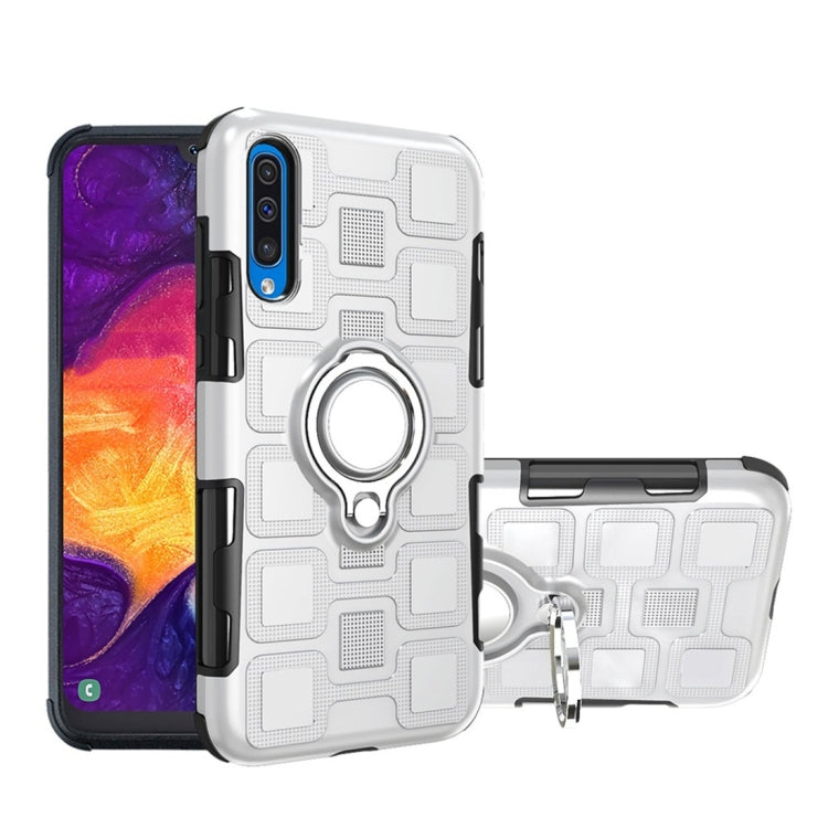 For Galaxy A50 2 In 1 Cube PC + TPU Protective Case with 360 Degrees Rotate Silver Ring Holder