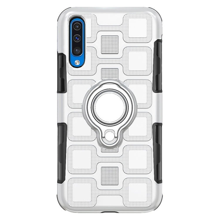 For Galaxy A50 2 In 1 Cube PC + TPU Protective Case with 360 Degrees Rotate Silver Ring Holder