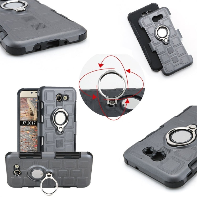 For Galaxy J7 (2017) US Version 2 In 1 Cube PC + TPU Protective Case with 360 Degrees Rotate Silver Ring Holder