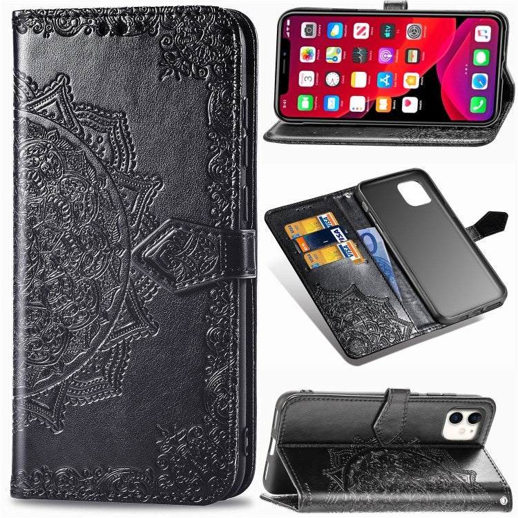 For iPhone 11 Halfway Mandala Embossing Pattern Horizontal Flip Leather Case with Holder & Card Slots & Wallet & Lanyard