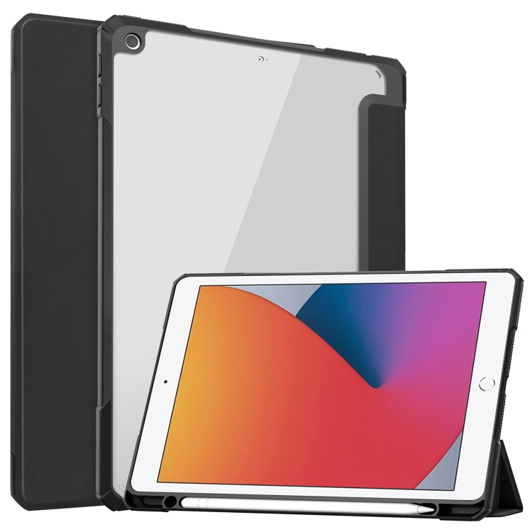 For iPad 10.2 2021 / 2020 / 2019 Transparent Acrylic + TPU Back Cover Horizontal Flip Leather Case with 3-folding Holder & Pen Holder & Sleep / Wake-up Function