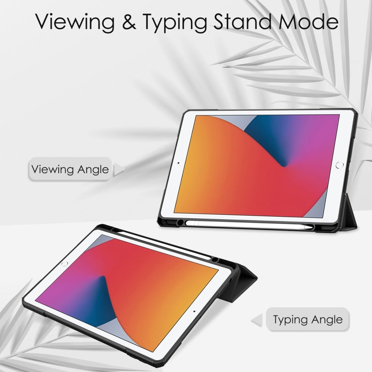 For iPad 10.2 2021 / 2020 / 2019 Transparent Acrylic + TPU Back Cover Horizontal Flip Leather Case with 3-folding Holder & Pen Holder & Sleep / Wake-up Function