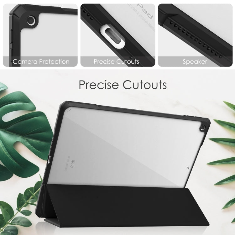 For iPad 10.2 2021 / 2020 / 2019 Transparent Acrylic + TPU Back Cover Horizontal Flip Leather Case with 3-folding Holder & Pen Holder & Sleep / Wake-up Function