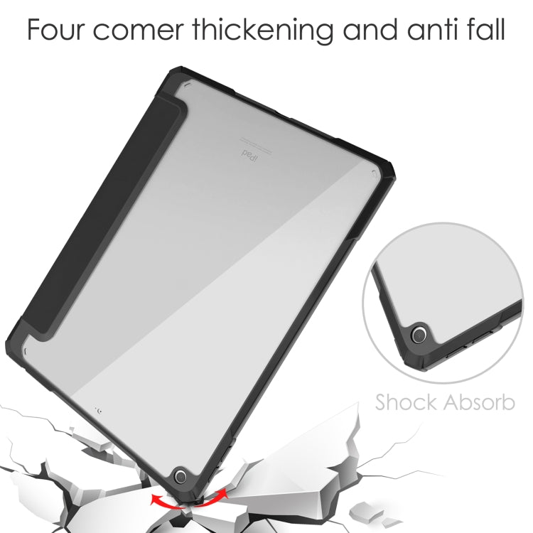 For iPad 10.2 2021 / 2020 / 2019 Transparent Acrylic + TPU Back Cover Horizontal Flip Leather Case with 3-folding Holder & Pen Holder & Sleep / Wake-up Function