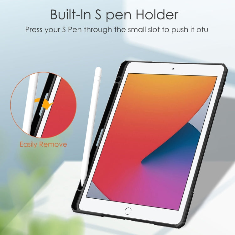 For iPad 10.2 2021 / 2020 / 2019 Transparent Acrylic + TPU Back Cover Horizontal Flip Leather Case with 3-folding Holder & Pen Holder & Sleep / Wake-up Function