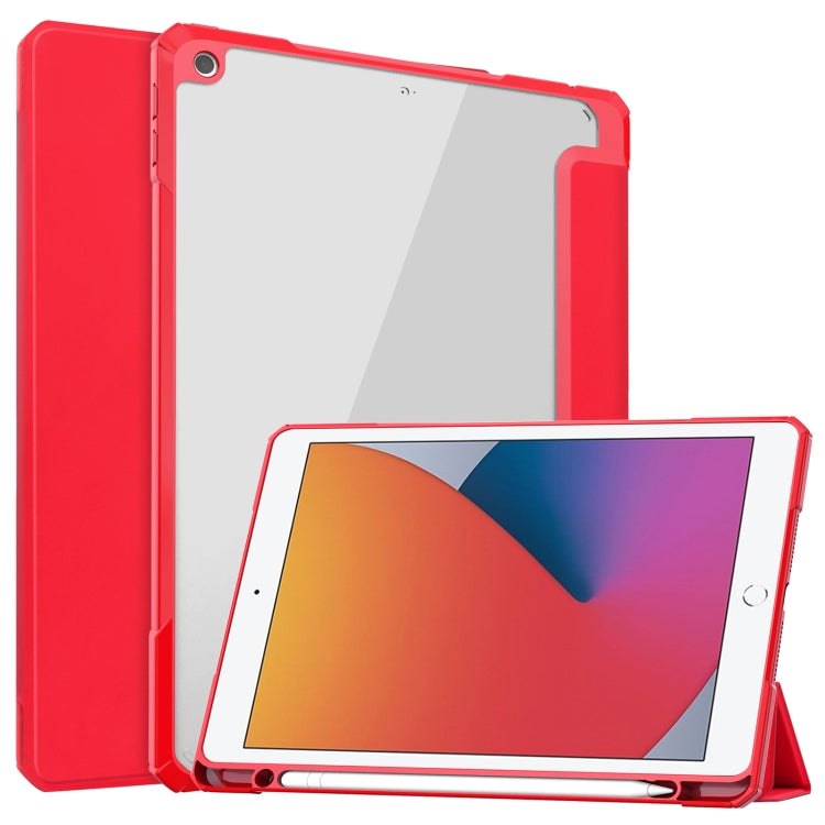 For iPad 10.2 2021 / 2020 / 2019 Transparent Acrylic + TPU Back Cover Horizontal Flip Leather Case with 3-folding Holder & Pen Holder & Sleep / Wake-up Function