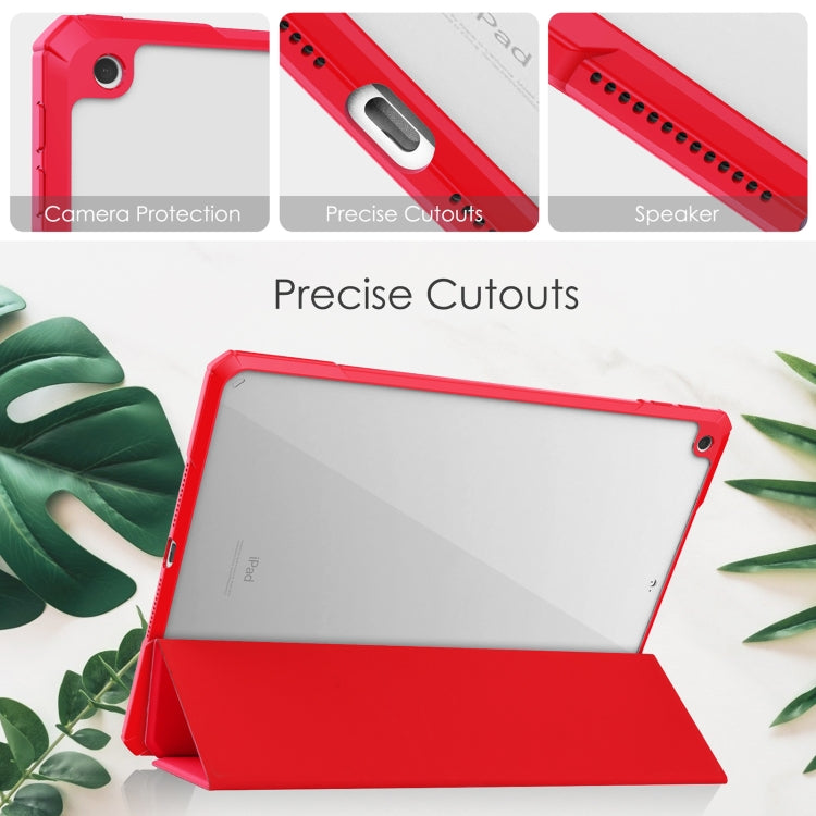 For iPad 10.2 2021 / 2020 / 2019 Transparent Acrylic + TPU Back Cover Horizontal Flip Leather Case with 3-folding Holder & Pen Holder & Sleep / Wake-up Function