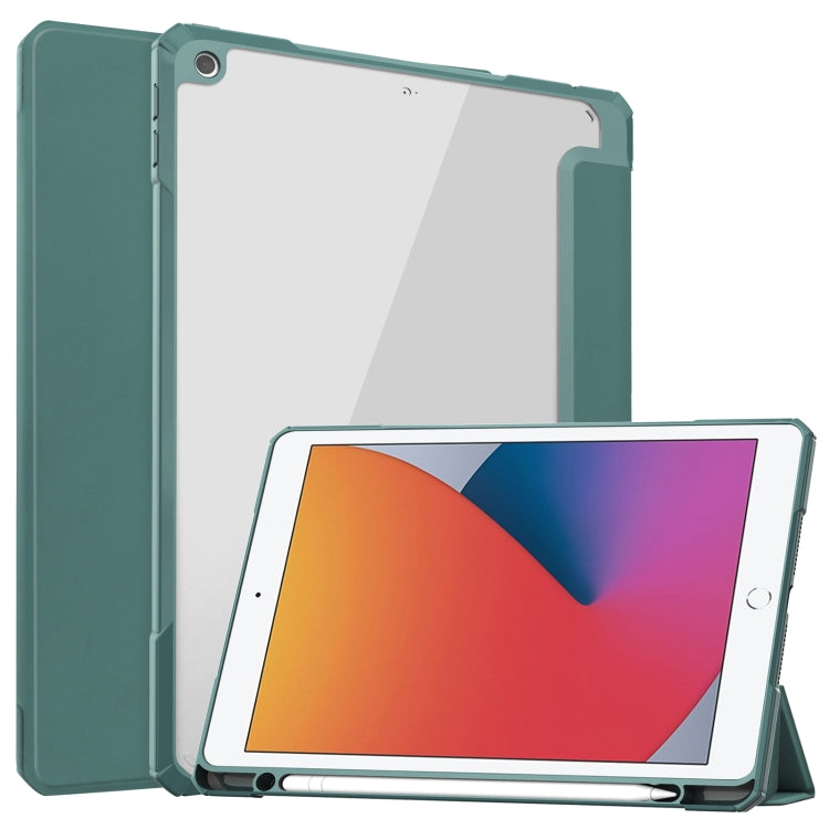 For iPad 10.2 2021 / 2020 / 2019 Transparent Acrylic + TPU Back Cover Horizontal Flip Leather Case with 3-folding Holder & Pen Holder & Sleep / Wake-up Function