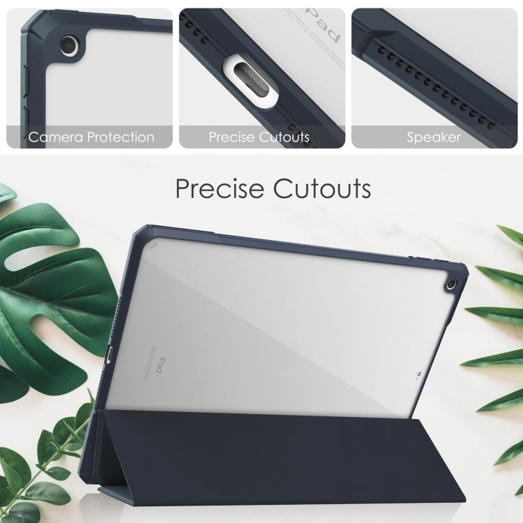For iPad 10.2 2021 / 2020 / 2019 Transparent Acrylic + TPU Back Cover Horizontal Flip Leather Case with 3-folding Holder & Pen Holder & Sleep / Wake-up Function