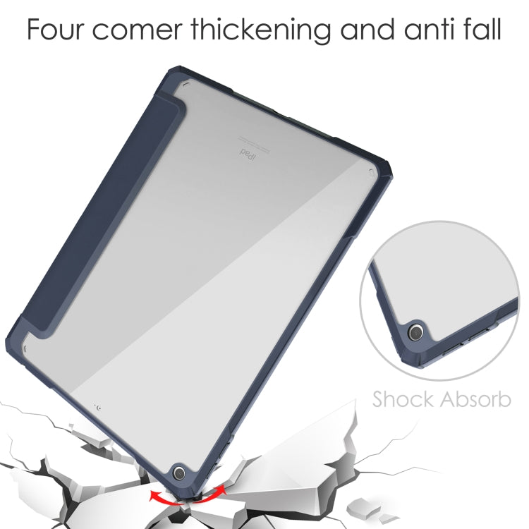 For iPad 10.2 2021 / 2020 / 2019 Transparent Acrylic + TPU Back Cover Horizontal Flip Leather Case with 3-folding Holder & Pen Holder & Sleep / Wake-up Function