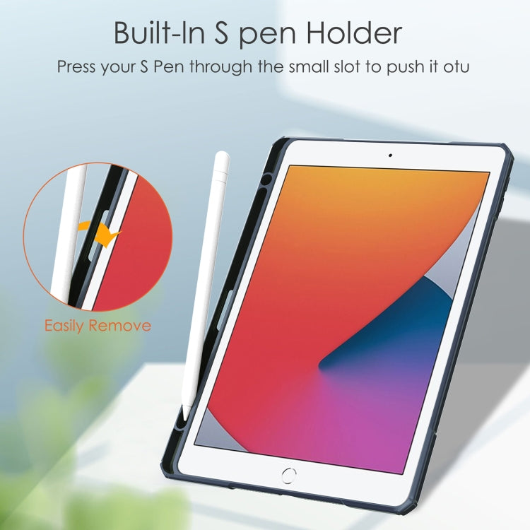 For iPad 10.2 2021 / 2020 / 2019 Transparent Acrylic + TPU Back Cover Horizontal Flip Leather Case with 3-folding Holder & Pen Holder & Sleep / Wake-up Function