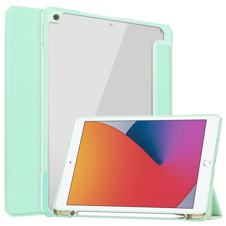 For iPad 10.2 2021 / 2020 / 2019 Transparent Acrylic + TPU Back Cover Horizontal Flip Leather Case with 3-folding Holder & Pen Holder & Sleep / Wake-up Function