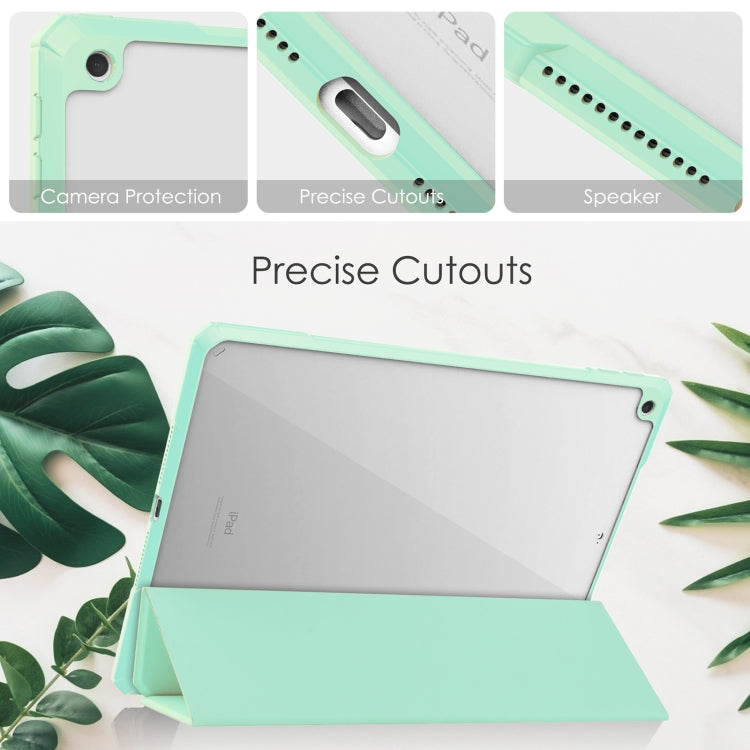 For iPad 10.2 2021 / 2020 / 2019 Transparent Acrylic + TPU Back Cover Horizontal Flip Leather Case with 3-folding Holder & Pen Holder & Sleep / Wake-up Function