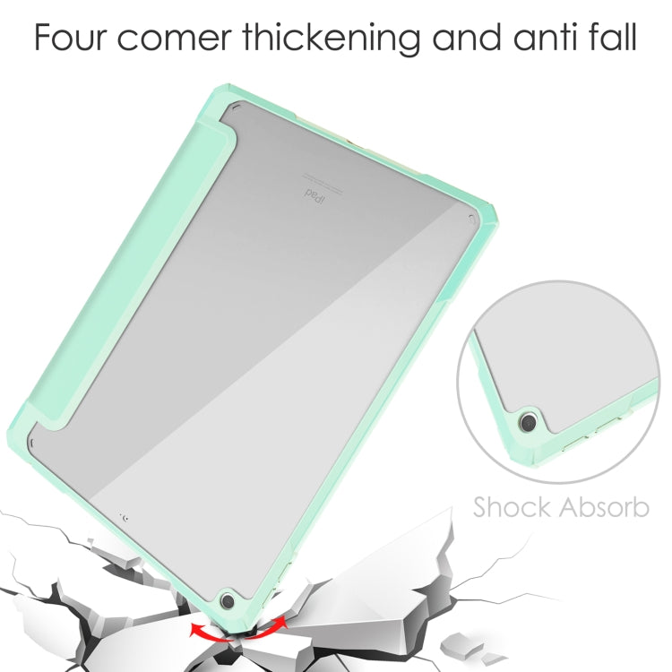 For iPad 10.2 2021 / 2020 / 2019 Transparent Acrylic + TPU Back Cover Horizontal Flip Leather Case with 3-folding Holder & Pen Holder & Sleep / Wake-up Function