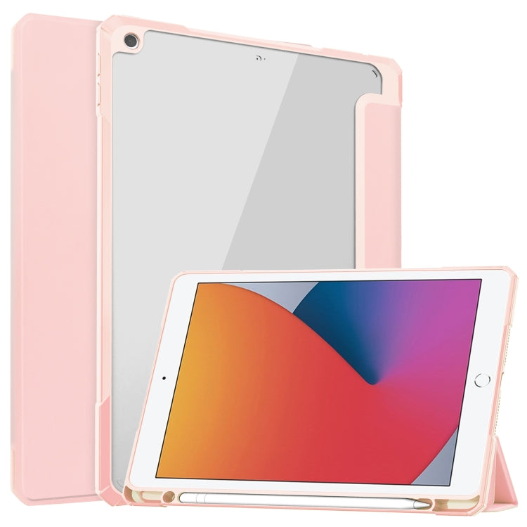 For iPad 10.2 2021 / 2020 / 2019 Transparent Acrylic + TPU Back Cover Horizontal Flip Leather Case with 3-folding Holder & Pen Holder & Sleep / Wake-up Function
