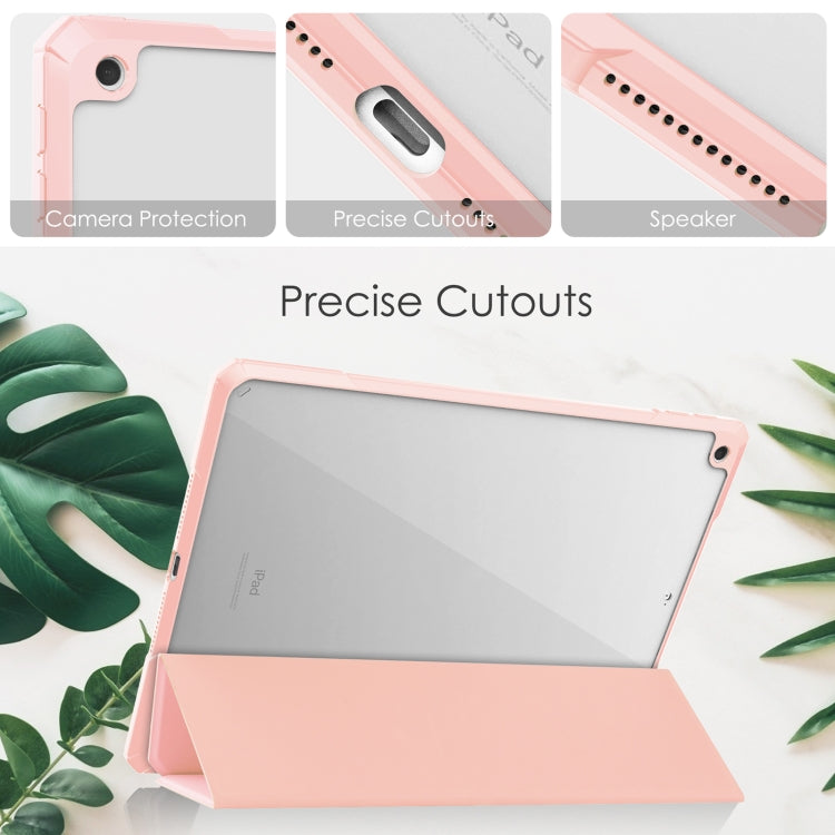 For iPad 10.2 2021 / 2020 / 2019 Transparent Acrylic + TPU Back Cover Horizontal Flip Leather Case with 3-folding Holder & Pen Holder & Sleep / Wake-up Function