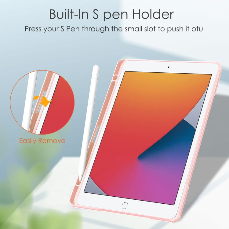 For iPad 10.2 2021 / 2020 / 2019 Transparent Acrylic + TPU Back Cover Horizontal Flip Leather Case with 3-folding Holder & Pen Holder & Sleep / Wake-up Function