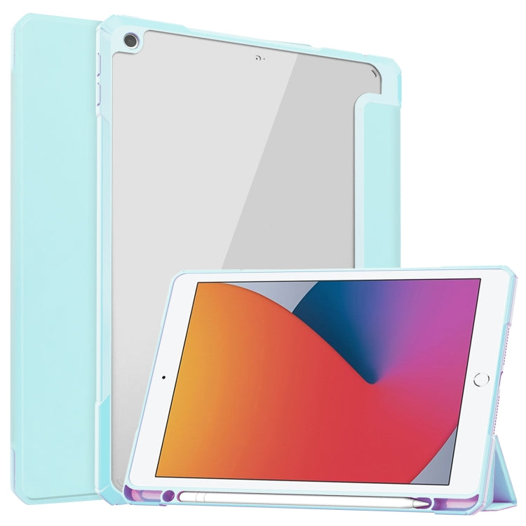 For iPad 10.2 2021 / 2020 / 2019 Transparent Acrylic + TPU Back Cover Horizontal Flip Leather Case with 3-folding Holder & Pen Holder & Sleep / Wake-up Function