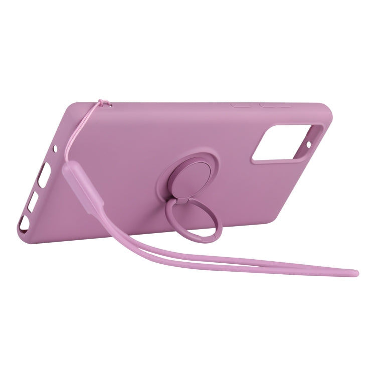 For Samsung Galaxy S20 FE Solid Color Liquid Silicone Shockproof Full Coverage Protective Case with Ring Holder & Lanyard