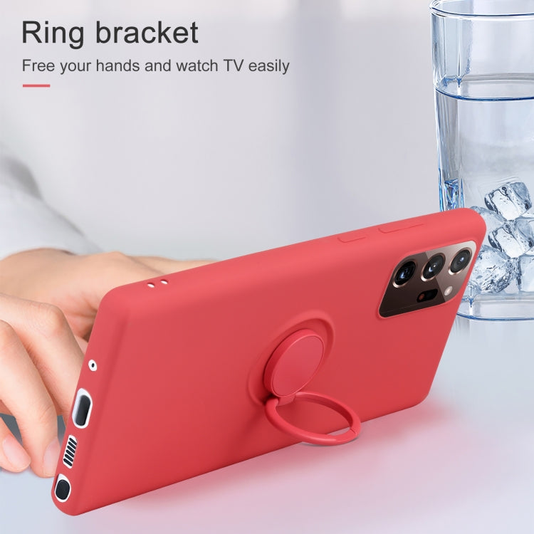 For Samsung Galaxy S20 FE Solid Color Liquid Silicone Shockproof Full Coverage Protective Case with Ring Holder & Lanyard