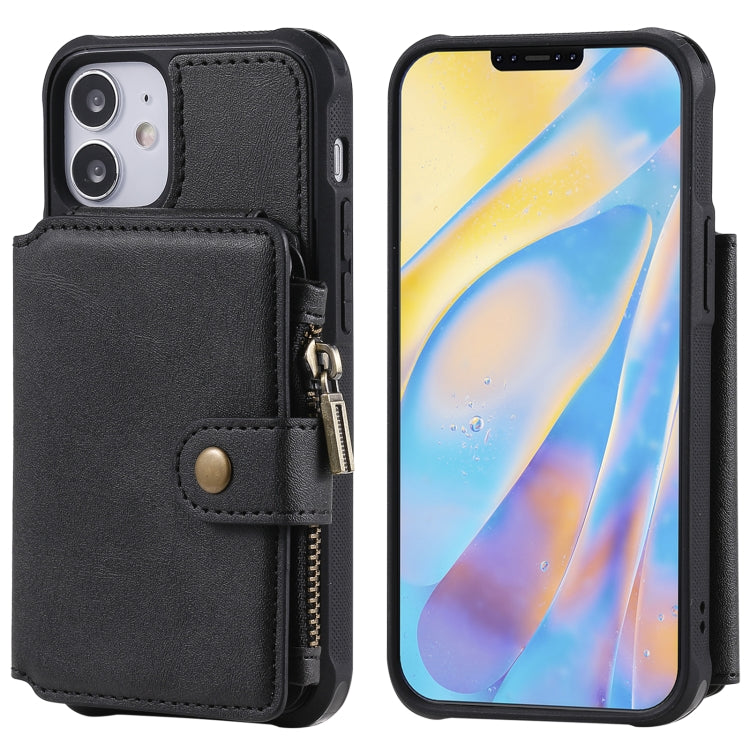 For iPhone 12 mini Zipper Shockproof Protective Case with Card Slots & Bracket & Photo Holder & Wallet Function