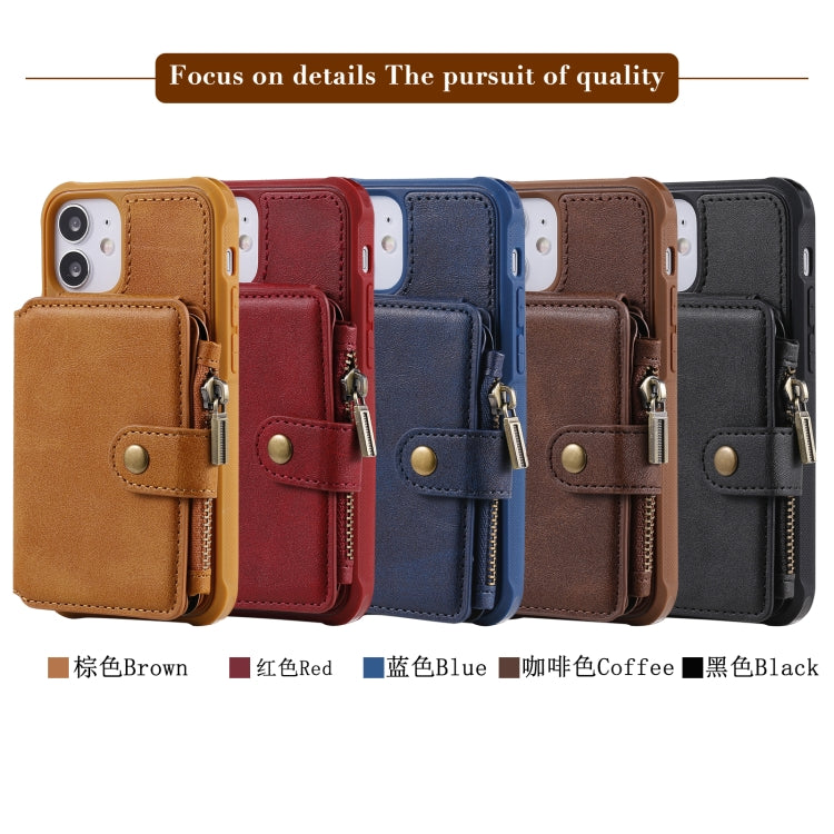 For iPhone 12 mini Zipper Shockproof Protective Case with Card Slots & Bracket & Photo Holder & Wallet Function