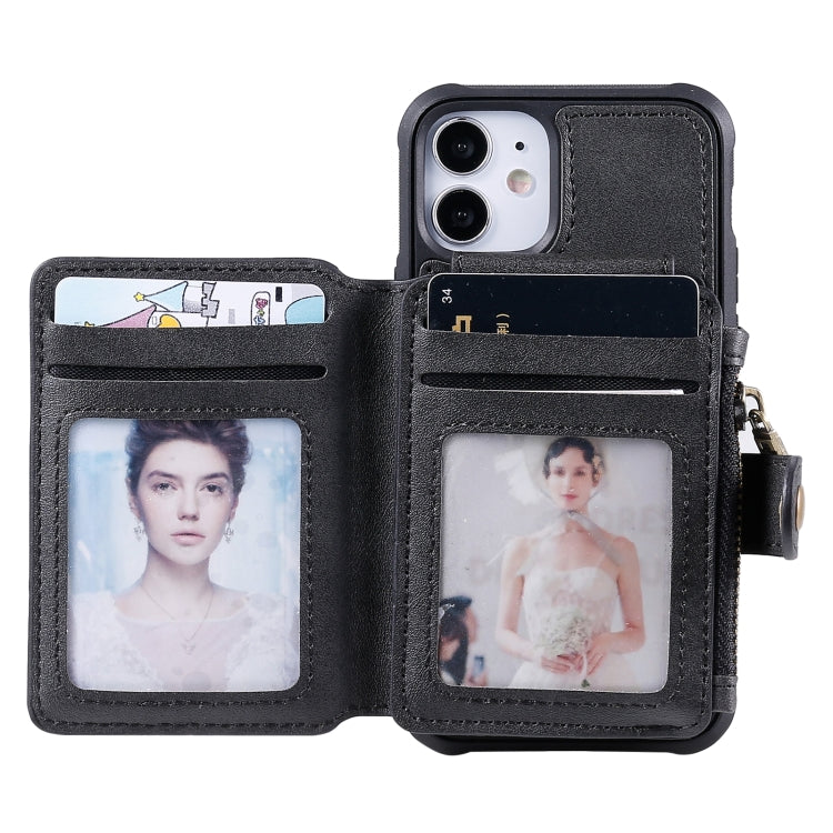 For iPhone 12 mini Zipper Shockproof Protective Case with Card Slots & Bracket & Photo Holder & Wallet Function
