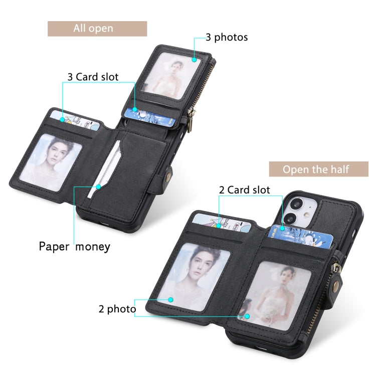 For iPhone 12 mini Zipper Shockproof Protective Case with Card Slots & Bracket & Photo Holder & Wallet Function