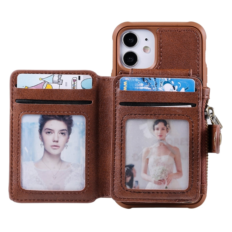 For iPhone 12 mini Zipper Shockproof Protective Case with Card Slots & Bracket & Photo Holder & Wallet Function