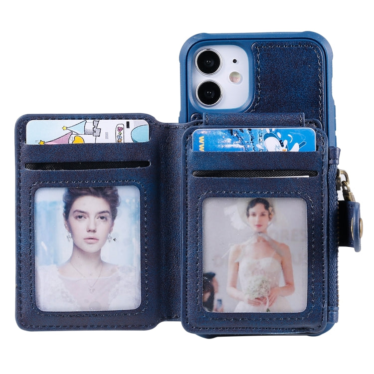 For iPhone 12 mini Zipper Shockproof Protective Case with Card Slots & Bracket & Photo Holder & Wallet Function