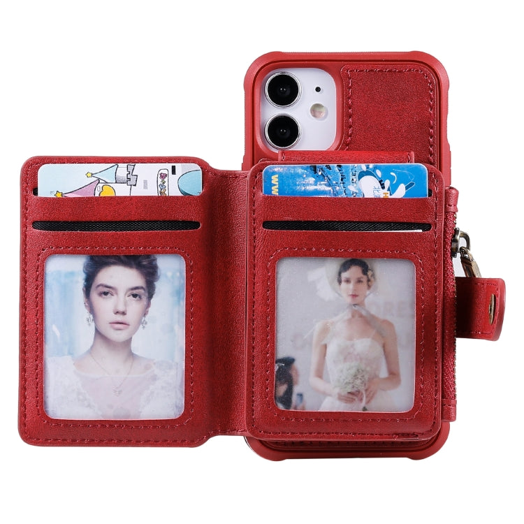 For iPhone 12 mini Zipper Shockproof Protective Case with Card Slots & Bracket & Photo Holder & Wallet Function