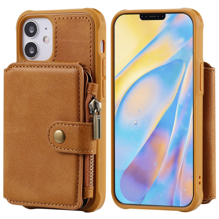 For iPhone 12 mini Zipper Shockproof Protective Case with Card Slots & Bracket & Photo Holder & Wallet Function