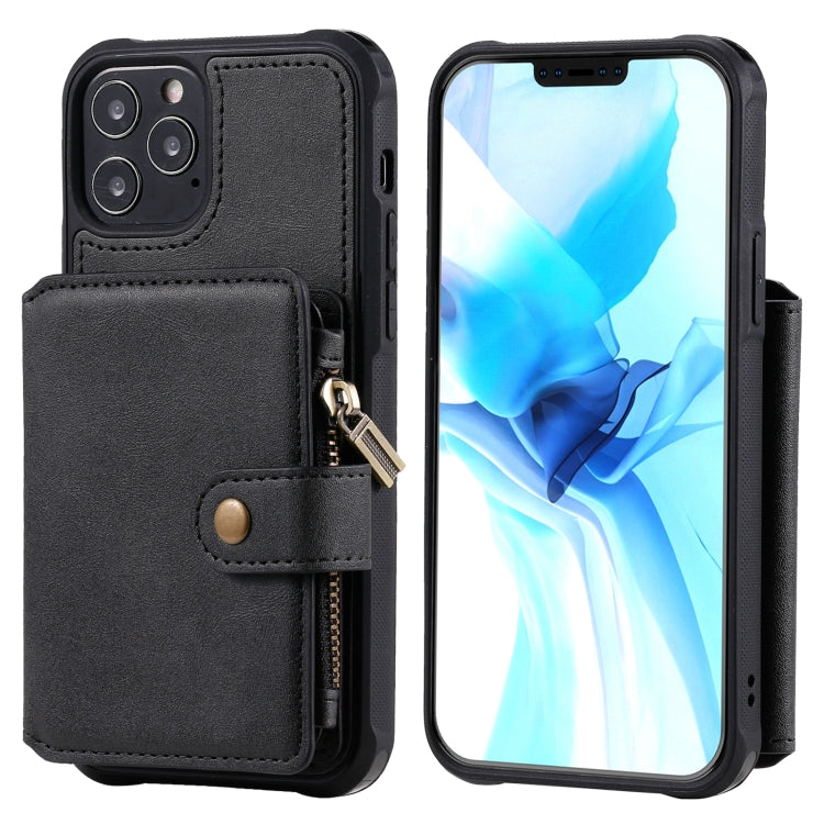 For iPhone 12 / 12 Pro Zipper Shockproof Protective Case with Card Slots & Bracket & Photo Holder & Wallet Function