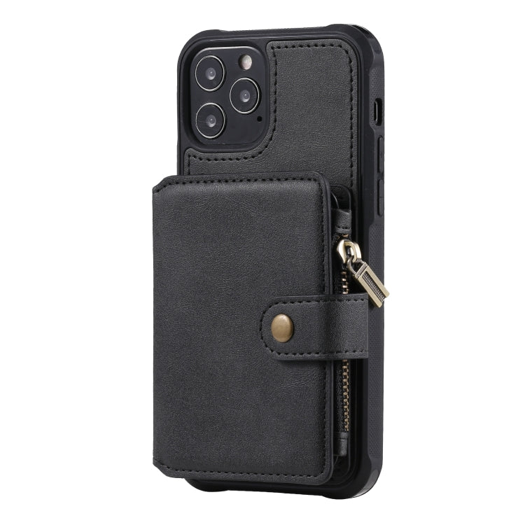 For iPhone 12 / 12 Pro Zipper Shockproof Protective Case with Card Slots & Bracket & Photo Holder & Wallet Function