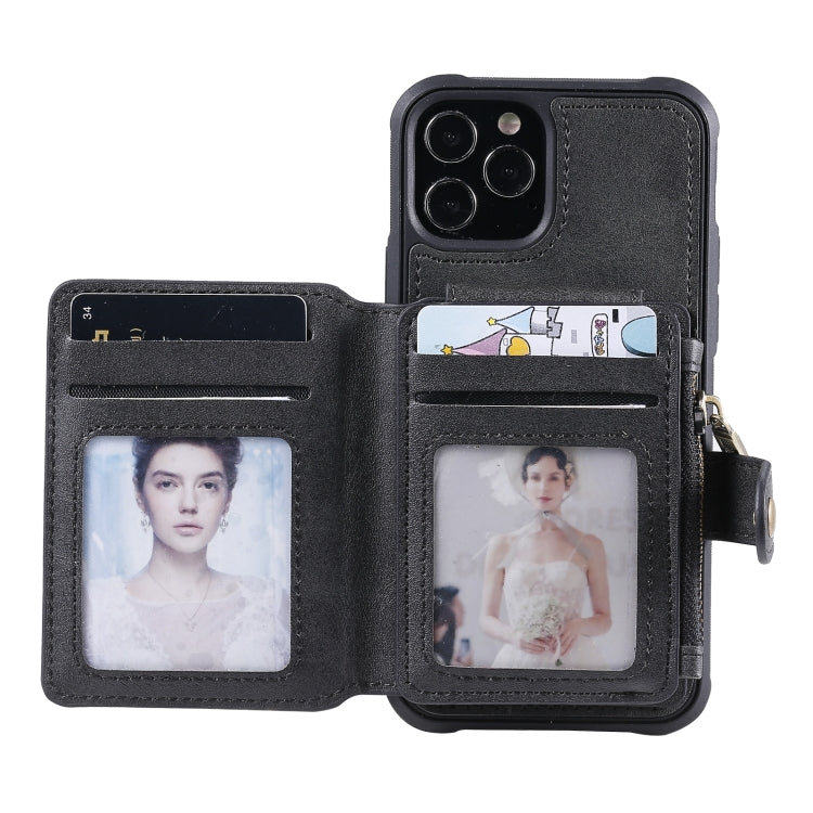 For iPhone 12 / 12 Pro Zipper Shockproof Protective Case with Card Slots & Bracket & Photo Holder & Wallet Function