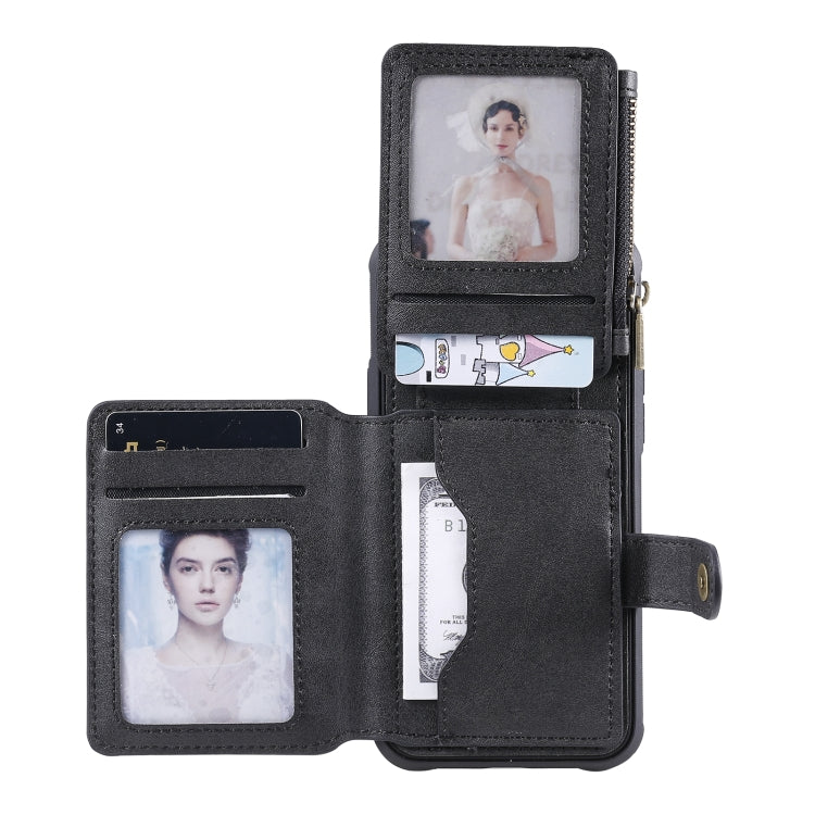 For iPhone 12 / 12 Pro Zipper Shockproof Protective Case with Card Slots & Bracket & Photo Holder & Wallet Function