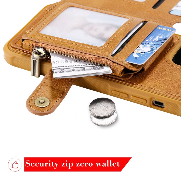 For iPhone 12 / 12 Pro Zipper Shockproof Protective Case with Card Slots & Bracket & Photo Holder & Wallet Function