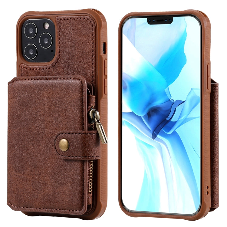 For iPhone 12 / 12 Pro Zipper Shockproof Protective Case with Card Slots & Bracket & Photo Holder & Wallet Function