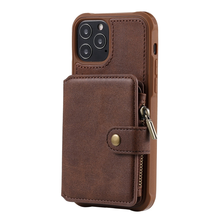 For iPhone 12 / 12 Pro Zipper Shockproof Protective Case with Card Slots & Bracket & Photo Holder & Wallet Function