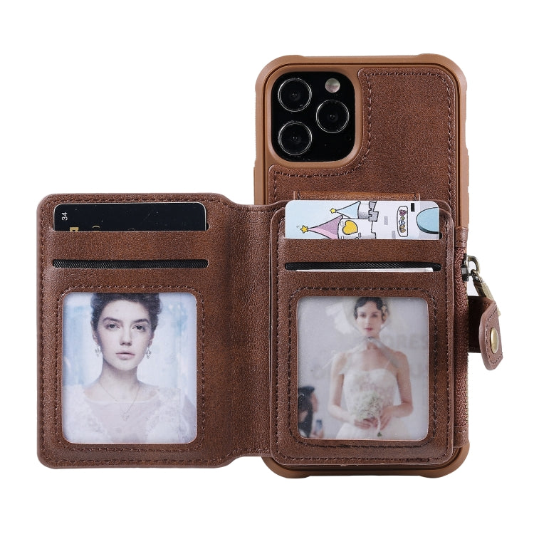 For iPhone 12 / 12 Pro Zipper Shockproof Protective Case with Card Slots & Bracket & Photo Holder & Wallet Function