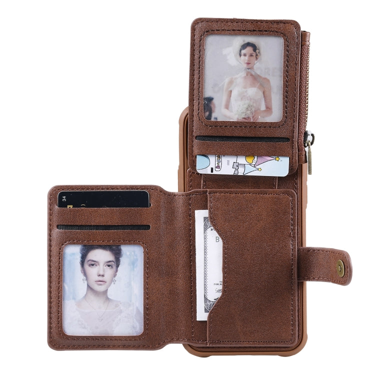For iPhone 12 / 12 Pro Zipper Shockproof Protective Case with Card Slots & Bracket & Photo Holder & Wallet Function