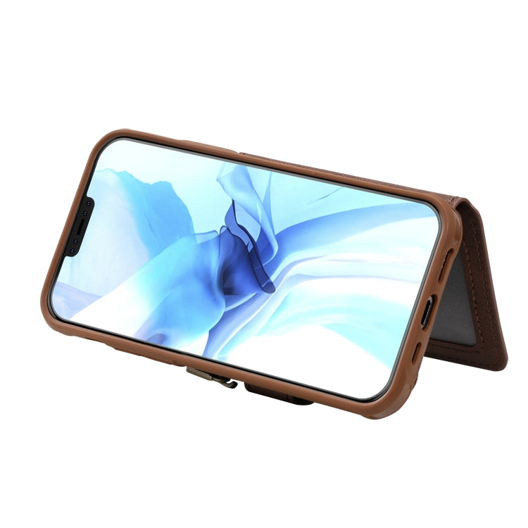 For iPhone 12 / 12 Pro Zipper Shockproof Protective Case with Card Slots & Bracket & Photo Holder & Wallet Function