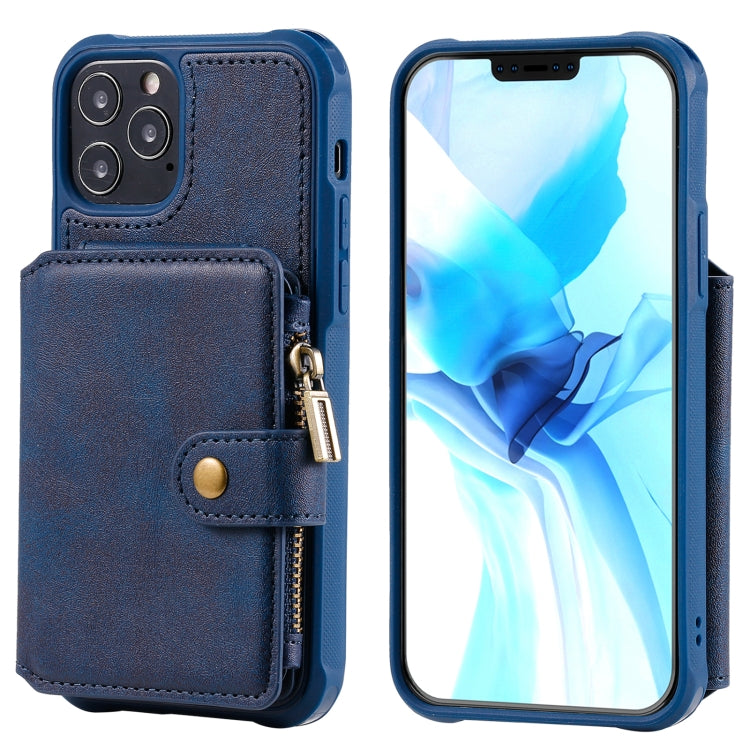 For iPhone 12 / 12 Pro Zipper Shockproof Protective Case with Card Slots & Bracket & Photo Holder & Wallet Function