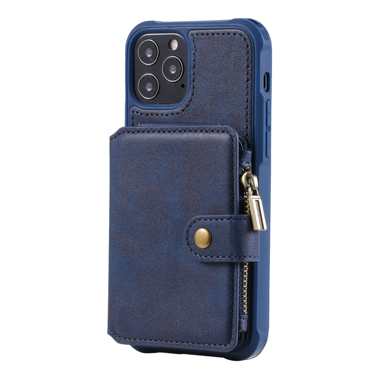 For iPhone 12 / 12 Pro Zipper Shockproof Protective Case with Card Slots & Bracket & Photo Holder & Wallet Function