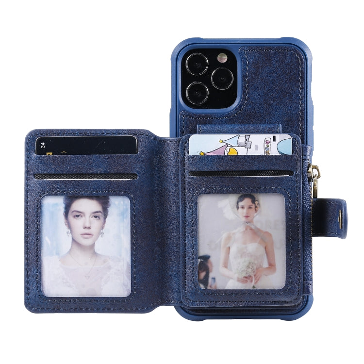 For iPhone 12 / 12 Pro Zipper Shockproof Protective Case with Card Slots & Bracket & Photo Holder & Wallet Function
